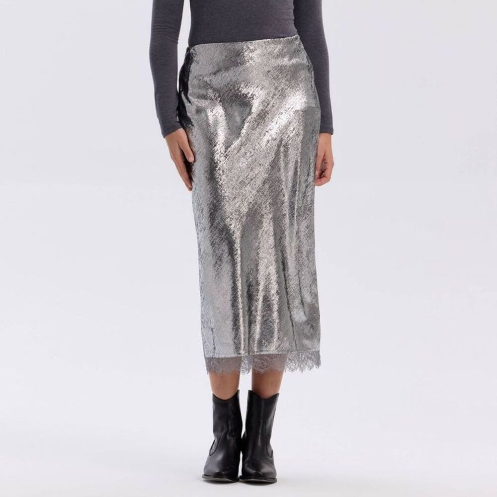 Women's Metallic Woven Midi Skirt - A New Day Silver L